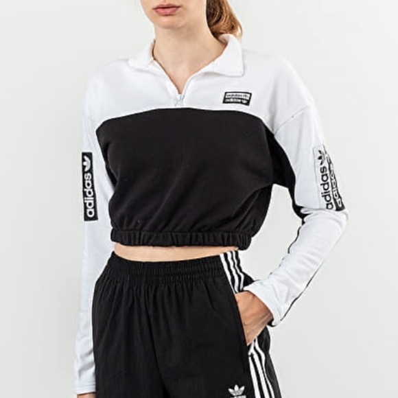 Adidas Originals Black White Cropped Pullover Sweatshirt - Picture 1 of 9